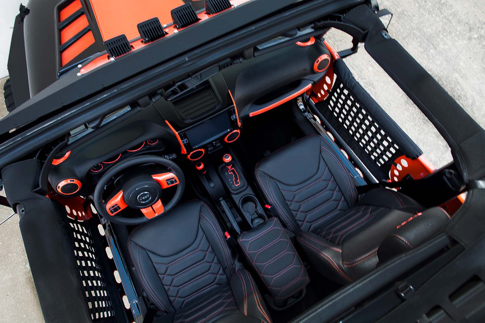 Black Custom Jeep Interior with Orange Stitching | Build Your Own Jeep |  Los Angeles, CA | American Custom Jeep