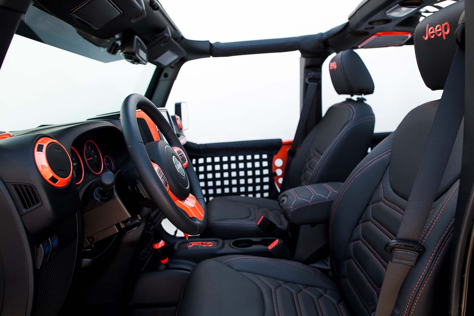 Black Custom Jeep Interior with Orange Stitching | Build Your Own Jeep |  Los Angeles, CA | American Custom Jeep