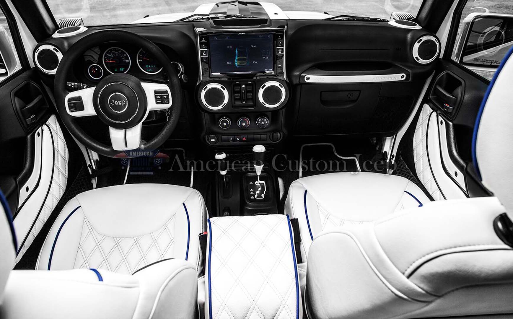 White Custom Jeep Interior with Blue Piping | Jeep Customization | Los  Angeles, CA & Houston, TX | American Custom Jeep